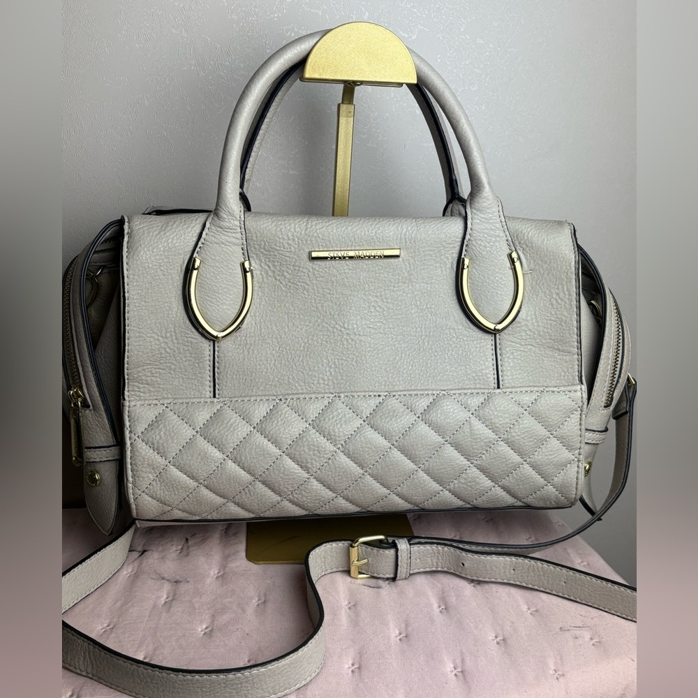 STEVE MADDEN Bsanti Taupe Quilted Vegan Leather Satchel Purse | Crossbody
